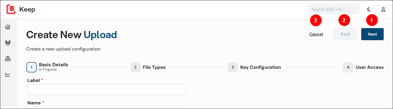 A number-annotated screenshot of the Create New Upload process, including the Next, Back, and Cancel buttons and the progress indicator.
